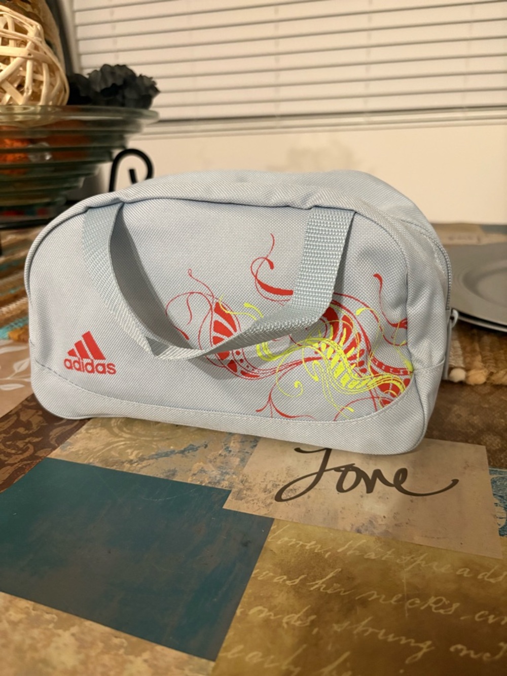adidas Light Blue Cosmetic Bag with Red and Neon Yellow Graphic